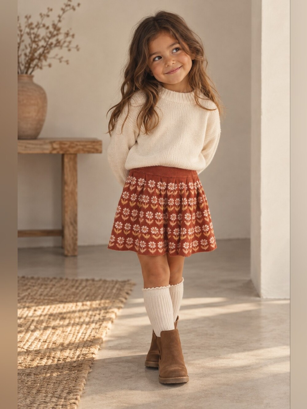 Zara Girls Knit Floral Skirt Size 2-3Y 98 Rust Orange Cottagecore Fall